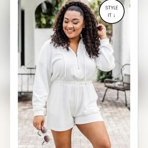 White Hooded Quarter-zip Romper